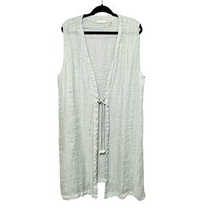 Soft Surroundings 100% Linen Long Seashell Self Tie Sleeveless Cardigan Vest